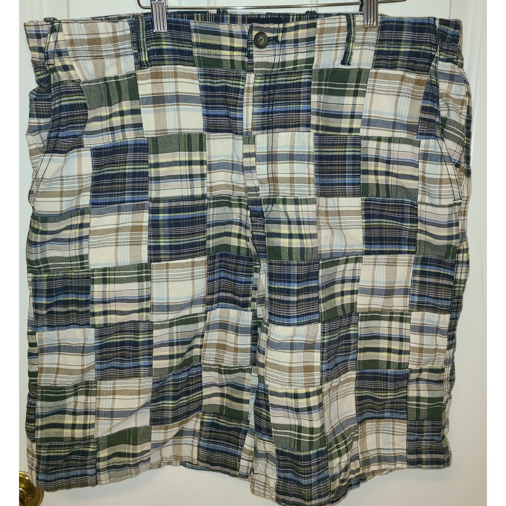 Izod Saltwater Chino Shorts Men's 38 Indian Madras Plaid Patchwork Preppy Cotton